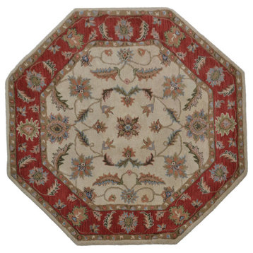 Hand Tufted Wool Area Rug Oriental Beige Red, [Octagon] 10'x10'