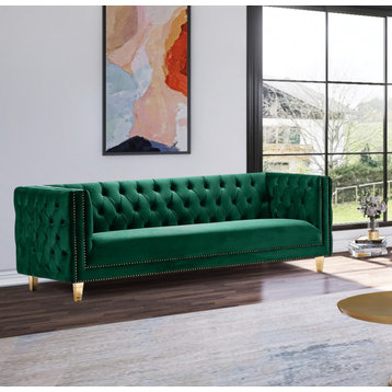 Michelle Fabric Upholstered Chair, Gold Iron Legs, Green, Velvet, Sofa