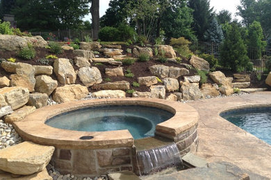Inspiration for a mid-sized traditional backyard full sun garden for summer in Philadelphia with a water feature.