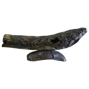Chinese Bamboo Carved Artistic Curved Boat Shape Dragon Figure Display
