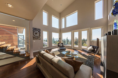 Trendy living room photo in Seattle with gray walls