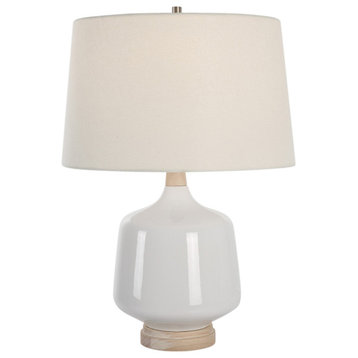 High Gloss White Ceramic Table Lamp 25 in Coastal Farmhouse Casual Wood Organic