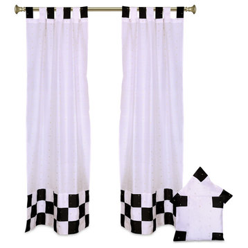 4 Pc Set Indian Sari Curtains & Cushion Covers - Boho Tab Top White/Black 96"