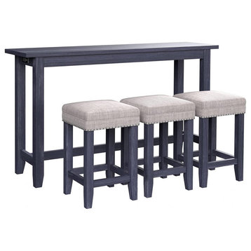 Eala 4 Piece Counter Height Table and Stool Set, Blue Wood, Gray Fabric