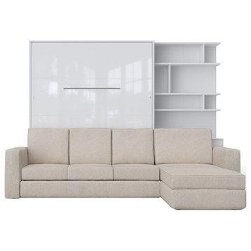 INVENTO Vertical Wall Bed with Sofa and Bookcase, Bed - White/White; Sofa - Beige