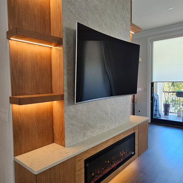 Custom White Oak Media Wall with Fireplace & LED Lighting