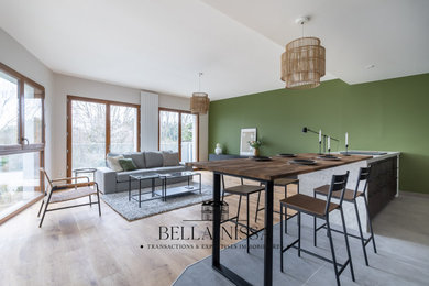 Cette image montre un salon design de taille moyenne avec un mur vert, parquet clair, aucune cheminée et aucun téléviseur.