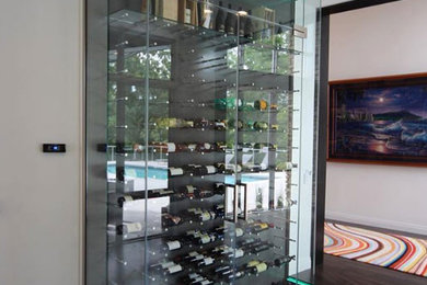 Inspiration for a small modern wine cellar with dark hardwood floors, display racks and brown floor.