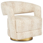 Currey & Company - Maren Wild Natural Swivel Chair - The Maren Cream Swivel Chair is a tub-back chair with a chic opening in the back that makes the back panel appear it is floating. The ivory chair is covered in a fabric with a very subtle abstract cheetah-like pattern in neutral tones; and has a gold base and a 360-degree swivel, which makes it perfect for the space where interior conversations and outdoor views can be enjoyed from the same spot.