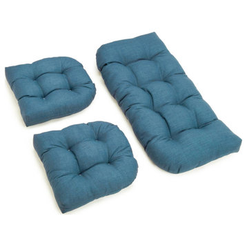 U-Shaped Solid Spun Polyester Tufted Settee Cushion Set, Set of 3, Sea Blue