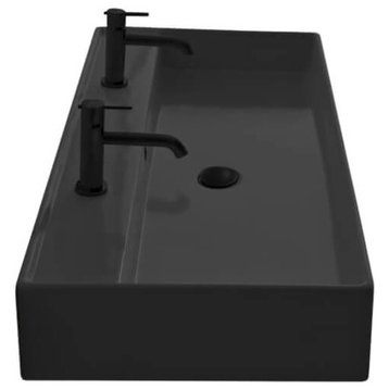 Matte Black Ceramic Trough Wall Mounted or Vessel Sink, Two Hole
