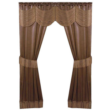 Satin 6-Piece Curtain Set with Valance Voile Panels and Tasseled Tie Backs