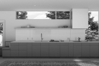 Eat-in kitchen - large contemporary single-wall light wood floor and brown floor eat-in kitchen idea in Austin with an undermount sink, flat-panel cabinets, medium tone wood cabinets, marble countertops, white backsplash, glass sheet backsplash, stainless steel appliances, no island and white countertops
