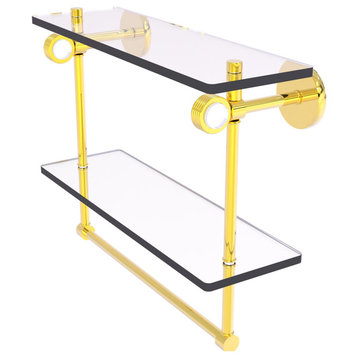 Clearview 16" Groovy Accent Double Glass Shelf with Towel Bar, Polished Brass