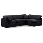 Meridian Furniture - Indulge Upholstered Modular L-Shaped Sectional, Black, 4-Piece: 2 Armless Chair, 2 Corner Chair, Down Stuffed Velvet - Experience ultimate comfort and style with our black velvet Indulge Sectional. The luxurious velvet will elevate the aesthetic of any room. This sofa provides ample space for you to relax while its modular build offers the option of unlimited configurations. Whether you're looking to add a stylish element to your living room or a comfortable seating option to your bedroom, this sofa is the perfect choice.