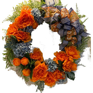 Cream and Orange Rust; 24 Inch Large Thanksgiving Fall Wreath for Front Door Decor; Artificial Dahlia Hydrangea and Peony Mix; Brown