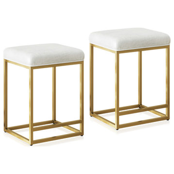 24" Upholstered PU Leather Bar Stools Set of 2, with Metal Base, White & Gold