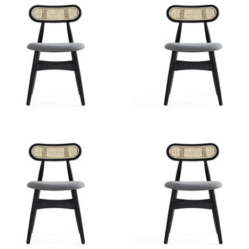 Set of 4 Patio Dining Chair, Cushioned Seat With Oval Natural Cane Back, Black