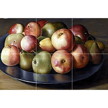 Tile Mural Still Life of Apples and Pears in a Pewter Dish, Ceramic Matte