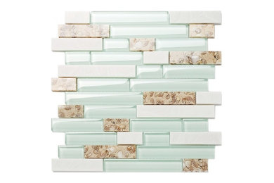 Green Glass White Stone Conch Beach Style Tile Kitchen Backsplash