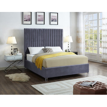 Candace Velvet Upholstered Bed, Gray, King
