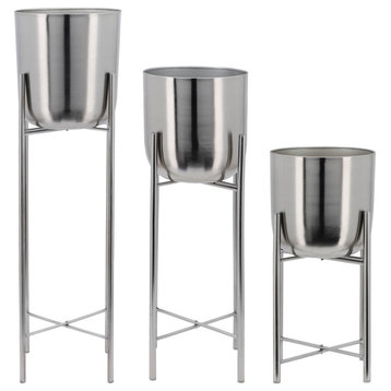 3-Piece Set Metal Planters On Stand, Silver
