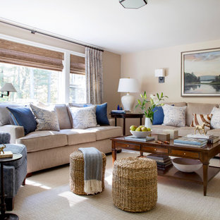 Example of a transitional carpeted and beige floor family room design in Boston with beige walls, no fireplace and no tv