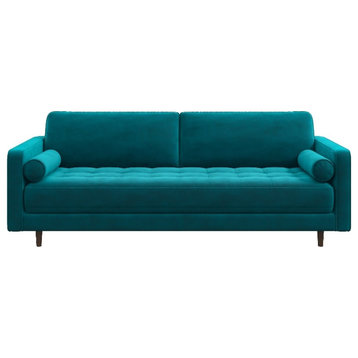 Desmond Mid Century Modern Tufted Cushion Back Turquoise Velvet Living Room Sofa