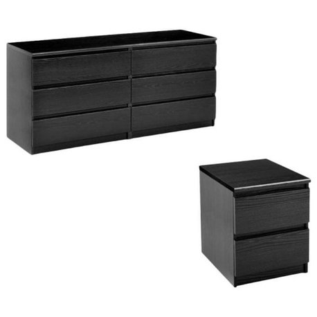 2 Piece Dresser and Night Stand with Drawers in Black Woodgrain