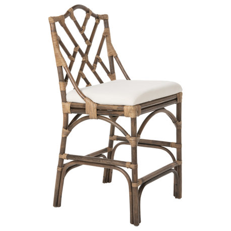 Chippendale Rattan Counter Stool, Antique Brown and Off-White Upholstery