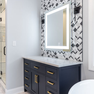 Master bathroom remodeling in Chesapeake with standing shower + corner bathtub