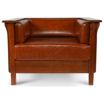 Arts and Crafts / Craftsman Cubic Panel Side Arm Chair - Russet Brown Leather (R