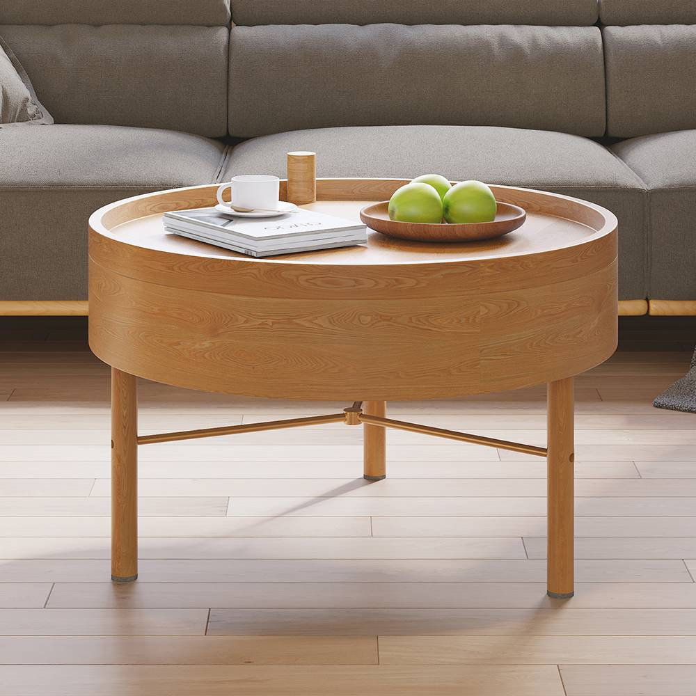 Modern Round Wood Rotating Tray Coffee Table With Storage, Natural