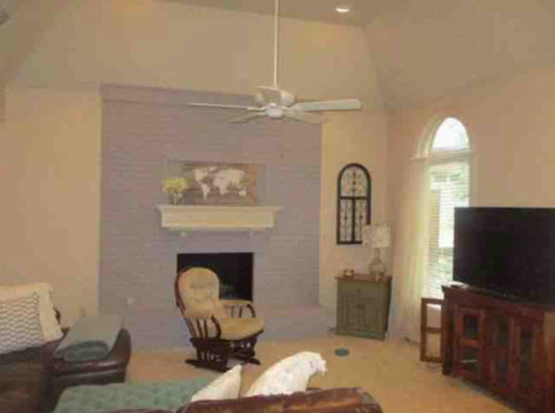 Ugly Wide Brick Fireplace Topped With Vaulted Ceilings Help