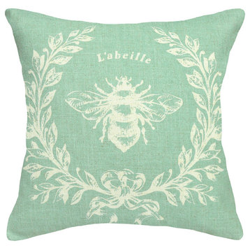 Napoleon Bee Printed Linen Pillow With Feather-Down Insert, Aqua
