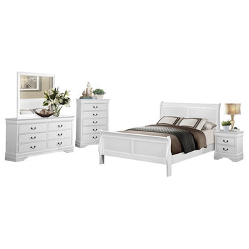 5-Piece Modern Cal King Sleigh Bed, Dresser, Mirror, Nightstand, Chest White