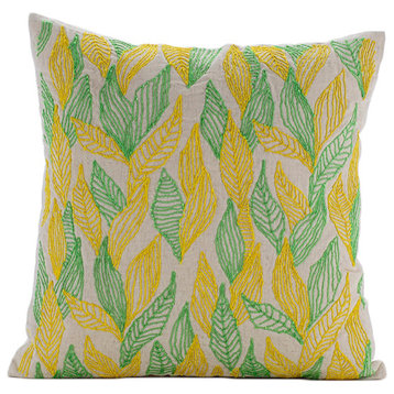 Green Cotton Linen 24"x24" Multi Color Jute Leaves Pillow Shams, Leaves Change