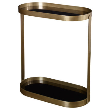 Modern Minimalist Gold Bronze Metal Accent Table Open Oval Black Glass Elegant