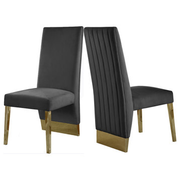 The Cairo Dining Chair, Set of 2, Gray Velvet, Gold Legs