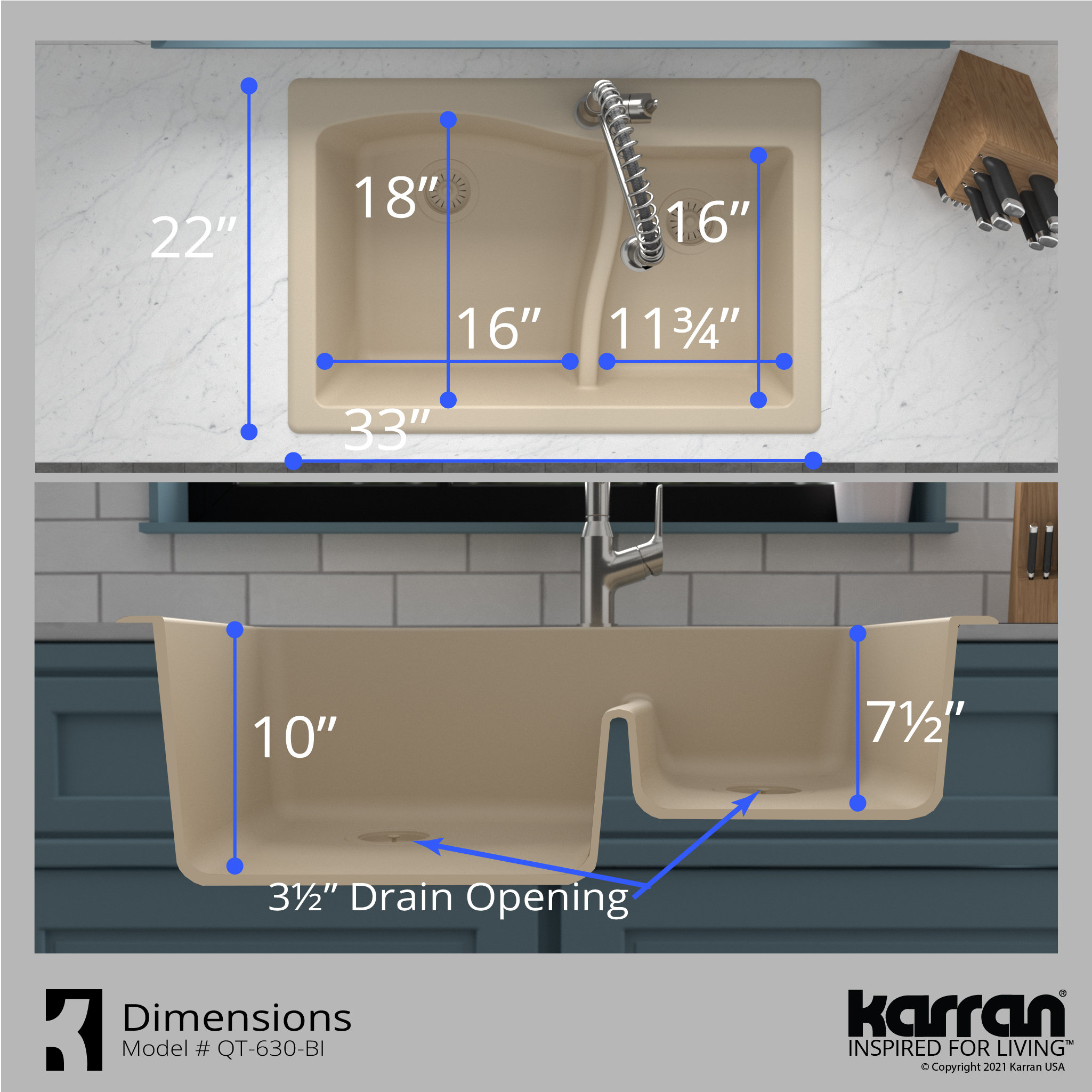 Karran Drop-In Quartz 33" 1-Hole 60/40 Double Bowl Kitchen Sink, Bisque