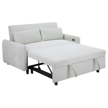 Modern Convertible Sleeper Sofa, Corduroy Fabric Seat With USB Ports, Light Blue