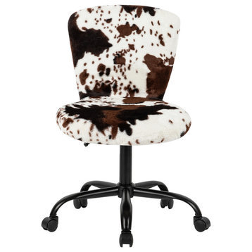Faux Fur Brown Milk Cow Makeup Vanity Chairs With Golden Lacquer Base