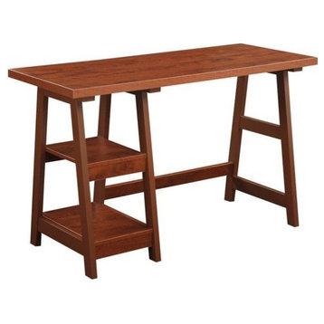 Convenience Concepts Designs2Go Trestle Desk in Cherry Wood Finish with Shelves