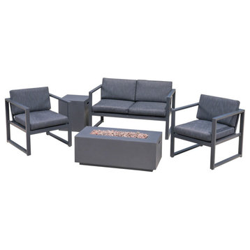 GDF Studio Sams Outdoor Aluminum 4 Seater Chat Set With Fire Pit