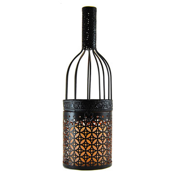 Metal Lantern, Black Wine Bottle With Battery Operated Candle