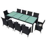 vidaXL - vidaXL Patio Furniture Set 11 Piece Dining Table Set Outdoor Poly Rattan Black, Black and White, 98.4" Table Length/ 11 Piece - Our stylish rattan patio furniture set will become the focal point of your garden or patio! This dining set, with an elegant design, will be a great choice for al fresco dining or relaxing in the garden. The powder-coated steel frames make the table and chairs strong and sturdy, and thanks to their lightweight construction, all items are easy to move. Made of weather-resistant, waterproof PE rattan, the dining set is easy to clean. The glass top is also easy to clean with a damp cloth. The thick, soft, foam-filled seat cushions are highly comfortable and made of water-repellent polyester. The removable and washable covers are equipped with zips. Delivery includes 1 table, 10 chairs and 10 cushions. Note 1): We recommend covering the set in the rain, snow and frost.Note 2): This item will be shipped flat packed. Assembly is required; all tools, hardware and instructions are included.