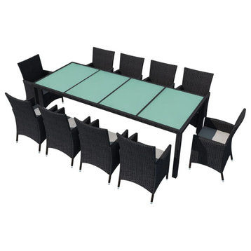 vidaXL Patio Furniture Set 11 Piece Dining Table Set Outdoor Poly Rattan Black, Black and White, 98.4" Table Length/ 11 Piece