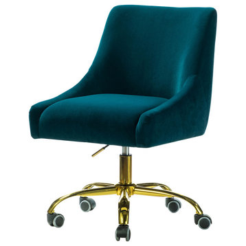 Upholstered Swivel Task Chair With Golden Base, Teal