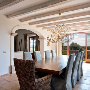 ハンブルクの広い地中海スタイルのLDKの画像 (ベージュの壁、テラコッタタイルの床)