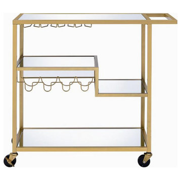 Metal Framed Serving Cart With Wine Bottle Holder And Stemware, Gold And Clear
